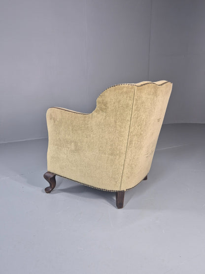 Danish Deco Lounge Chair 1930s Green Velour Stud Work Cabriole Leg EB11298 VCLO13