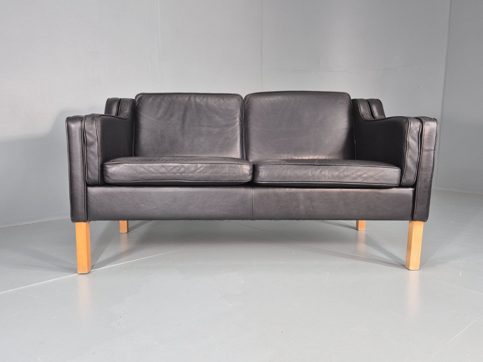 Vintage 2 Seat Sofa Danish Black Leather Mogensen Style Retro 1980s EB10464 M2SS3