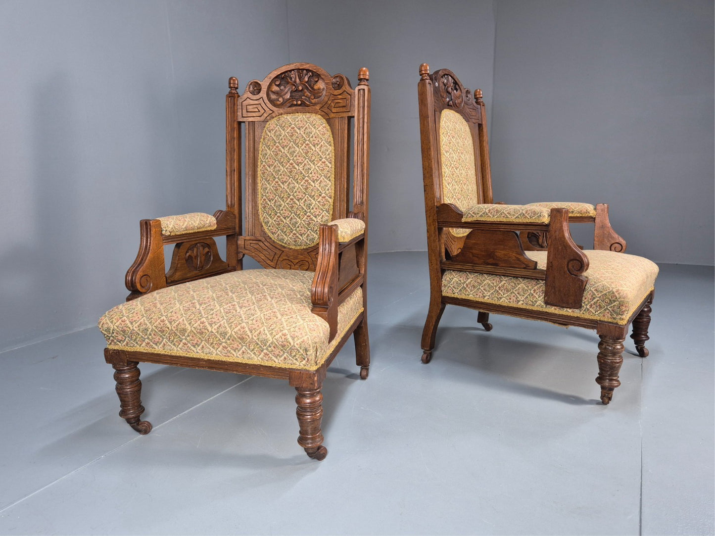 2 Edwardian Carved Oak Lounge Chairs Embroidery Upholstery 1900s EB10690 VCAR0