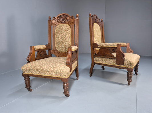 2 Edwardian Carved Oak Lounge Chairs Embroidery Upholstery 1900s EB10690 VCAR0