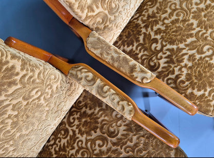 2 Swedish Lounge Chairs Gold Floral Moquette Beech Vintage 1960s MCM EB7031 MNOR14