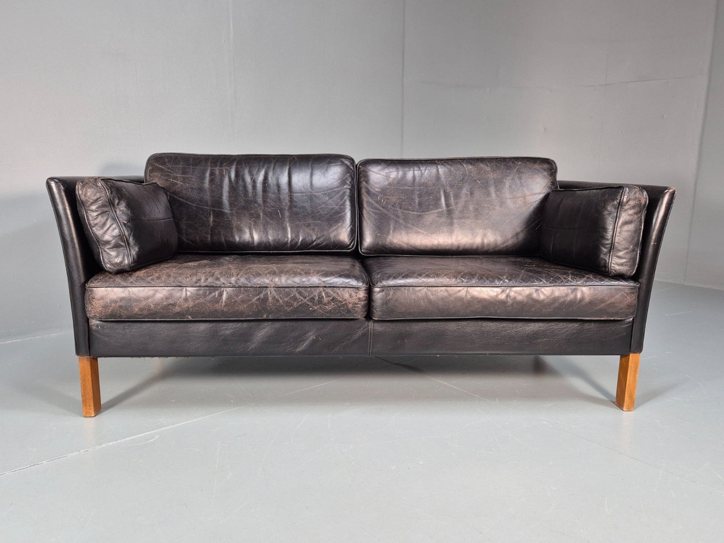 Mid Century Two Seater Sofa Black Leather Vintage Danish 1980s MCM  EB10713 M2SS6