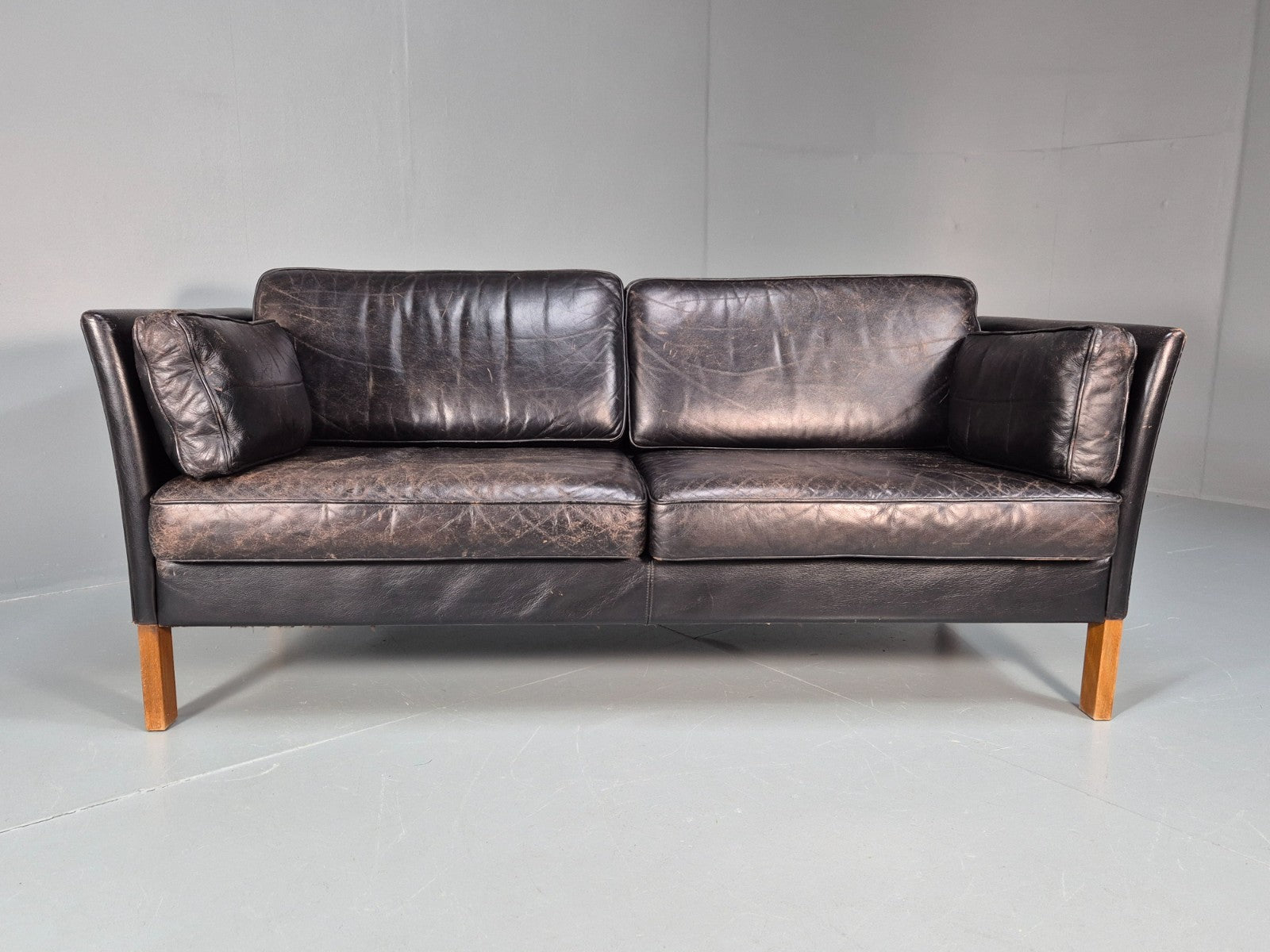 Mid Century Two Seater Sofa Black Leather Vintage Danish 1980s MCM  EB10713 M2SS6
