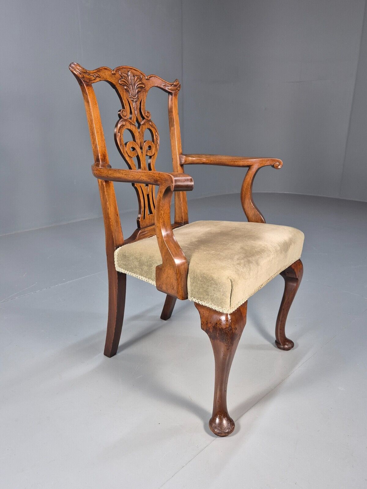 Antique Georgian Style Elbow Chair Mahogany Pad Feet Green Seat EB9387 VDIN - UKDK FURNITURE