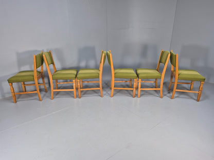 6 Kjaenulf Oak Danish Dinning Chairs Green Stripe Upholstery 1970s EB9536 MDIN - UKDK FURNITURE