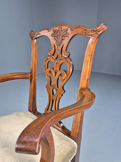 Antique Georgian Style Elbow Chair Mahogany Pad Feet Green Seat EB9387 VDIN - UKDK FURNITURE