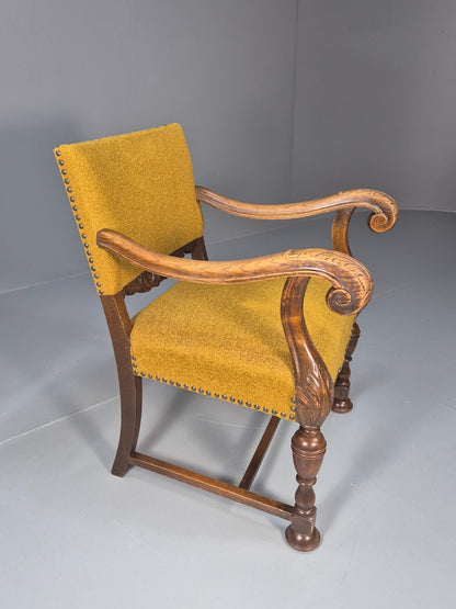 Vintage Danish Elbow Chair Yellow Carved Oak Frame 18th C Style EB9654 VCLO - UKDK FURNITURE