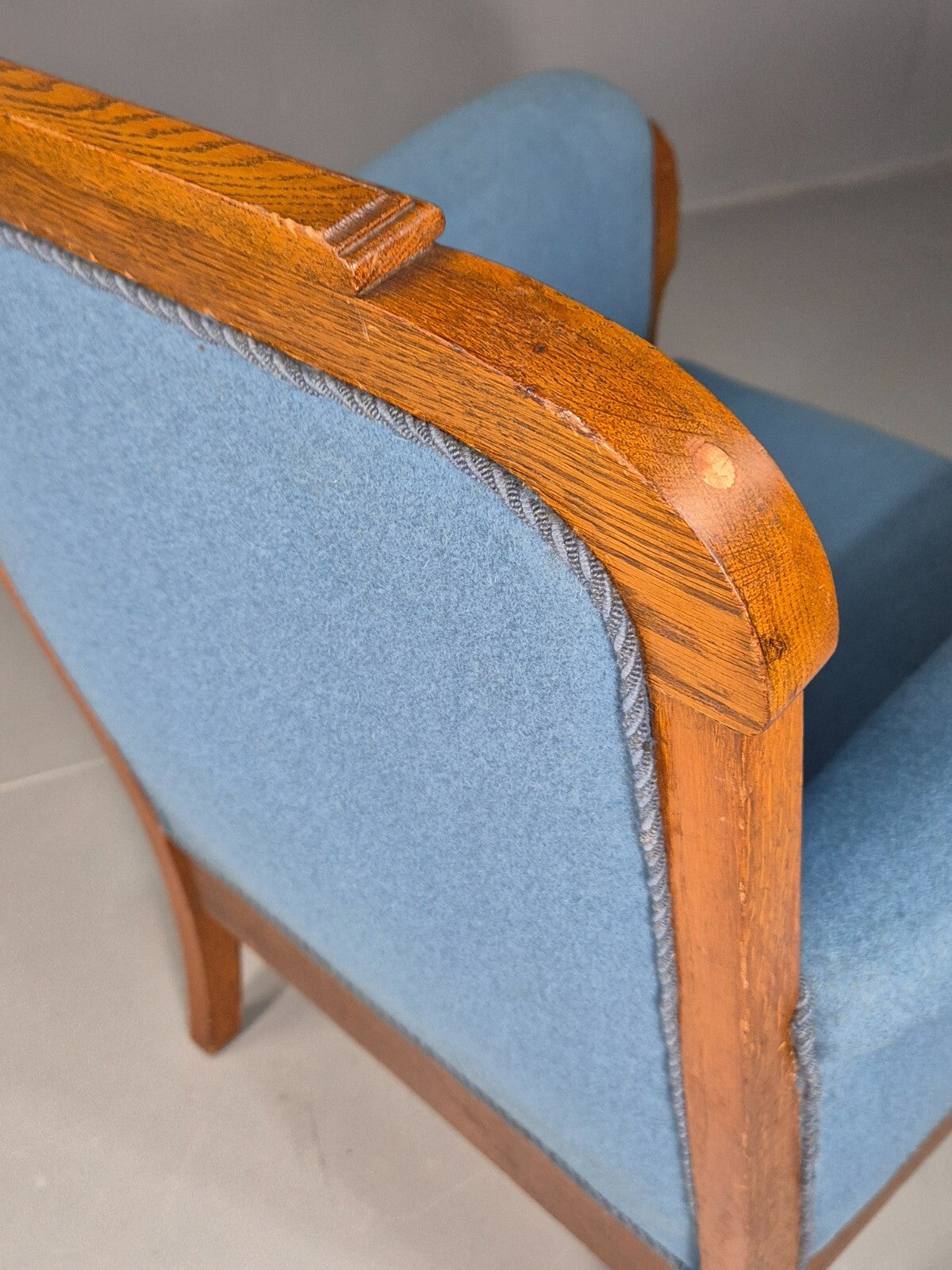 Vintage Danish Lounge Chair Blue Cloth Oak Frame 1900s Antique VCLO EB781310