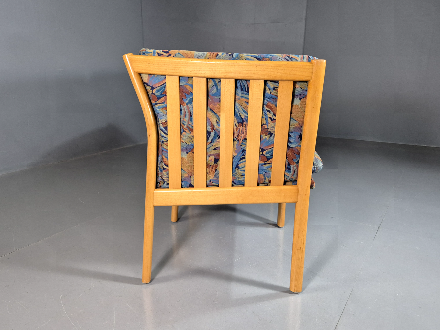 3 Seat Sofa Vintage Danish Blue Floral Beech Frame 1980s Retro EB7279 M3SS6