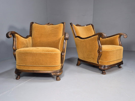 2 Vintage Danish Antique Chairs Gold Velour 1930s Carved Wood EB8969 VCLO - UKDK FURNITURE