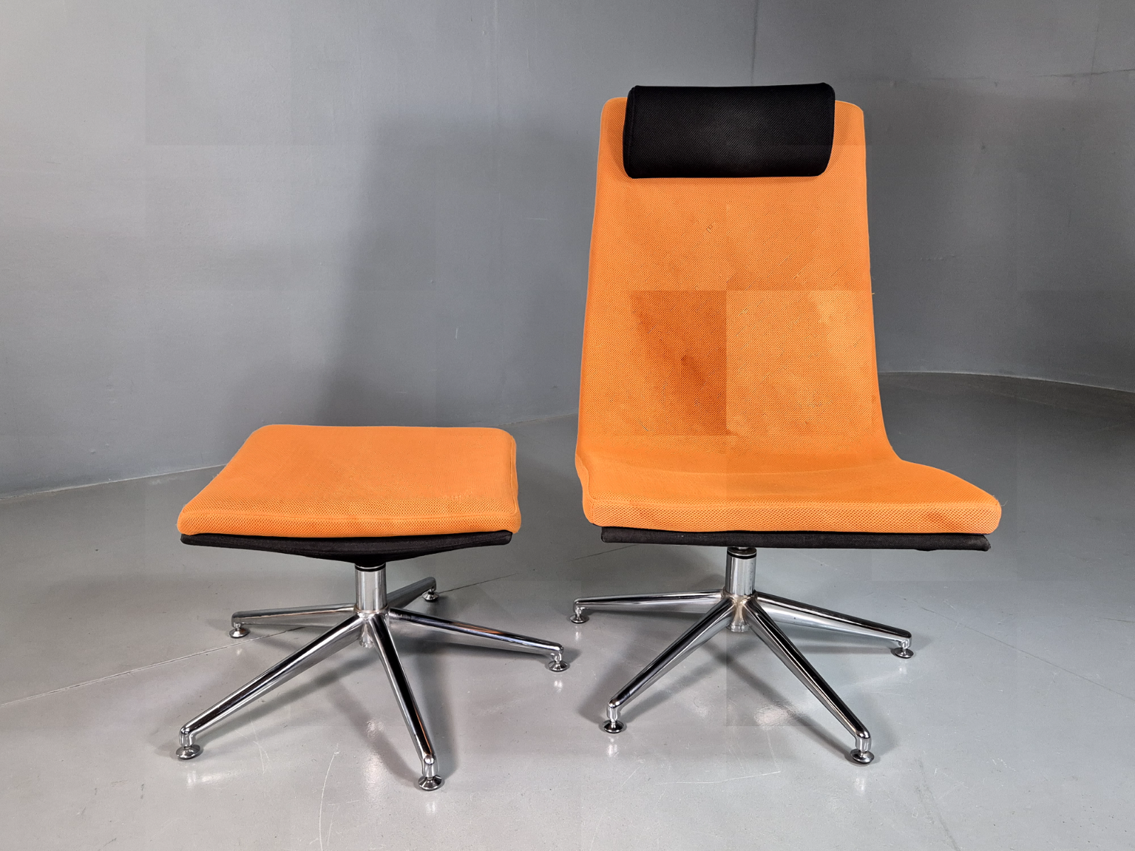 Vintage Danish Swivel Chair and Footstool Orange Chrome Retro 1980s EB7357 MSWI1