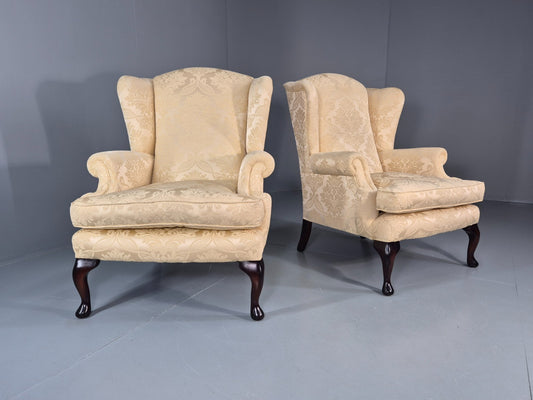 Georgian Style Wingback Armchairs Pair Gold Floral Fabric EB10934 VCLO1