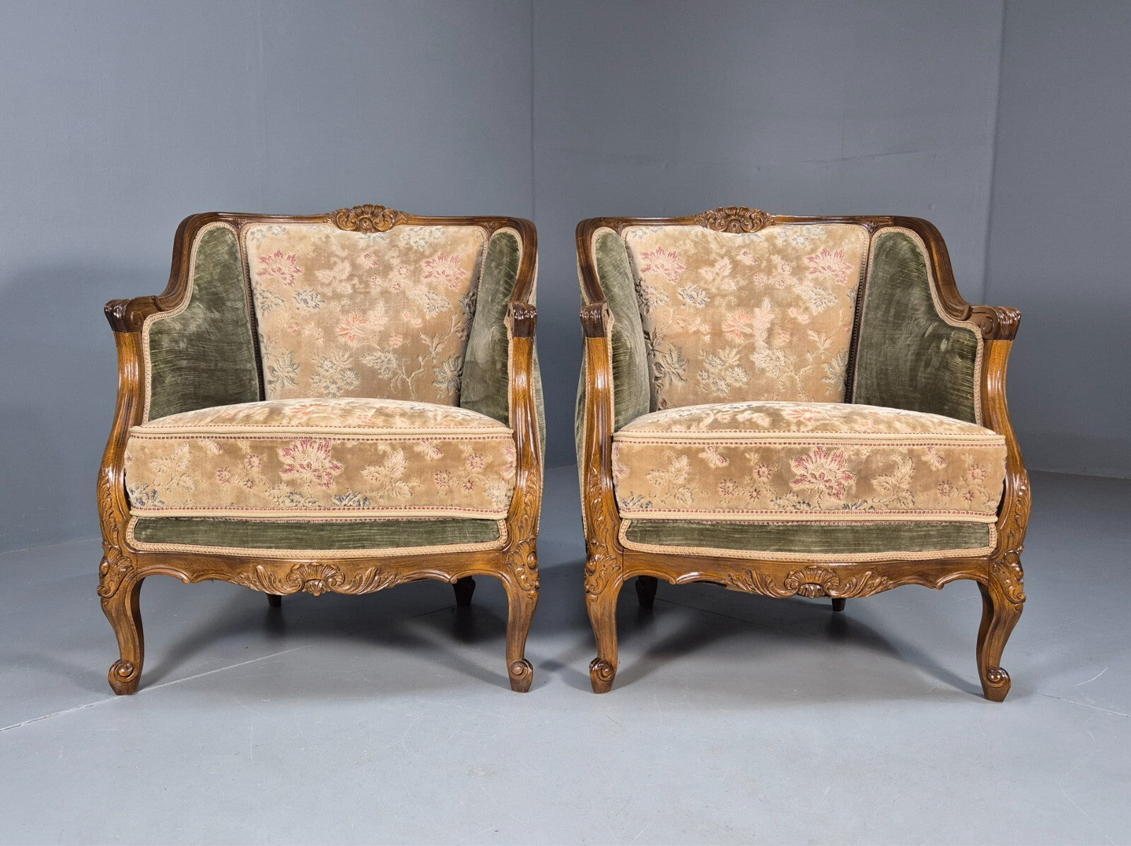 2 Vintage Rococo Armchairs 1920s Danish Green and Floral Antique EB9555 VCLO - UKDK FURNITURE