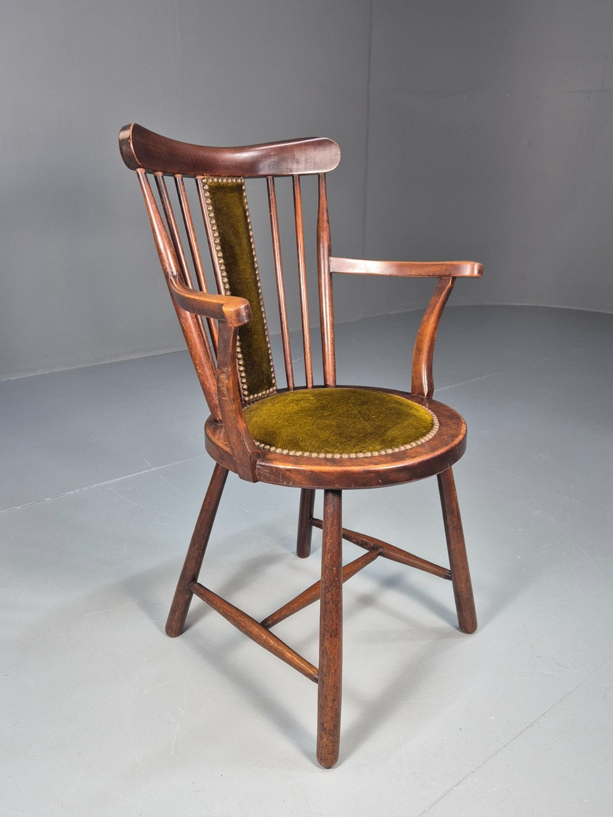 Edwardian Penny Seated Elbow Chair Mahogany Frame green Velour 1900 EB10612 VWOO4