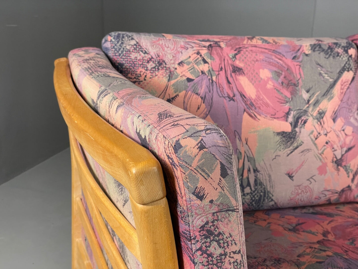 Vintage Stouby Sofa Floral Fabric Beech End 1980s Retro 3 Seat MCM EB6129 M3SS12