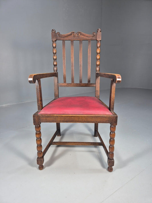 Vintage Elbow Chair Red Vinyl Oak Frame 1920s Antique EB9134 VDIN - UKDK FURNITURE