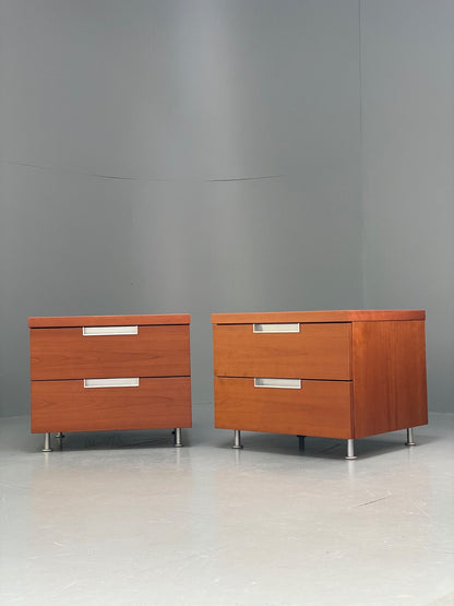 Vintage Pair Bedside Tables Cherry Wood Aluminium 1980s Drawers EB9819 MWOO - UKDK FURNITURE