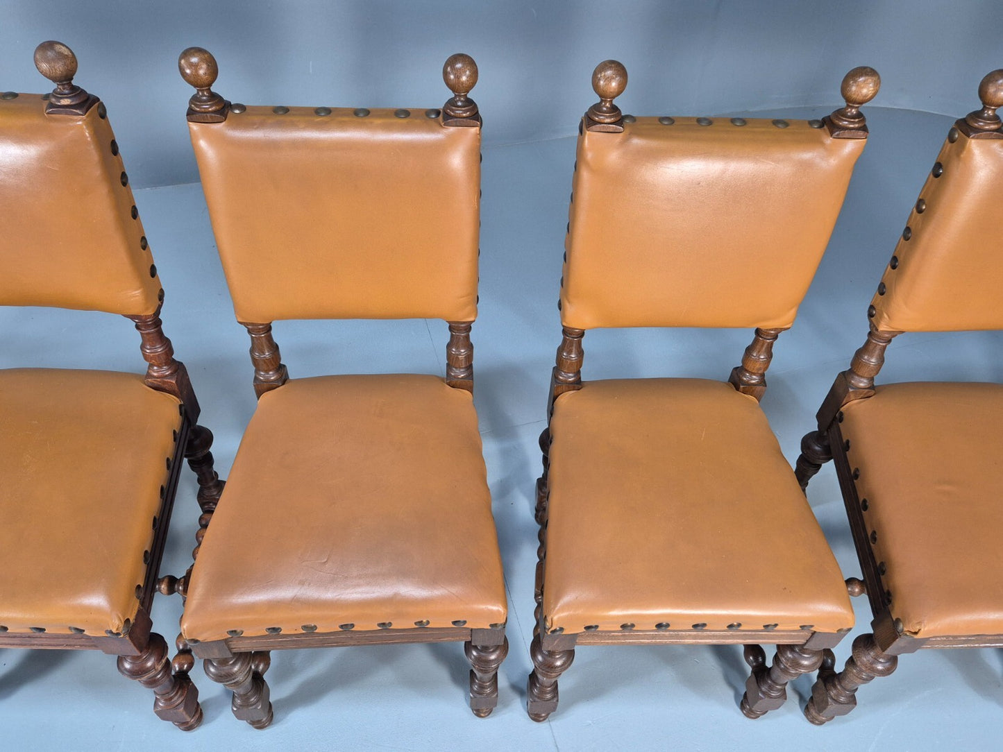 6 Vintage Danish Baroque Style Dining Chairs Tan Leather and Oak 50s EB9747 VDIN - UKDK FURNITURE