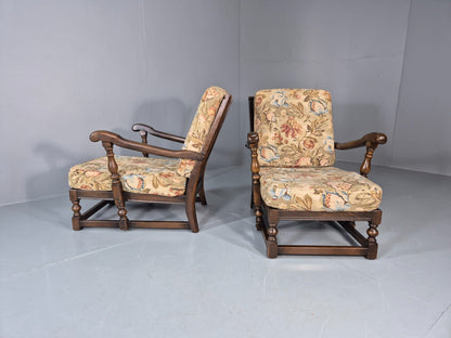 2 Ercol Cloister Lounge Chairs Dark Elm Frame Floral Upholstery 70s EB10987 VCAR10