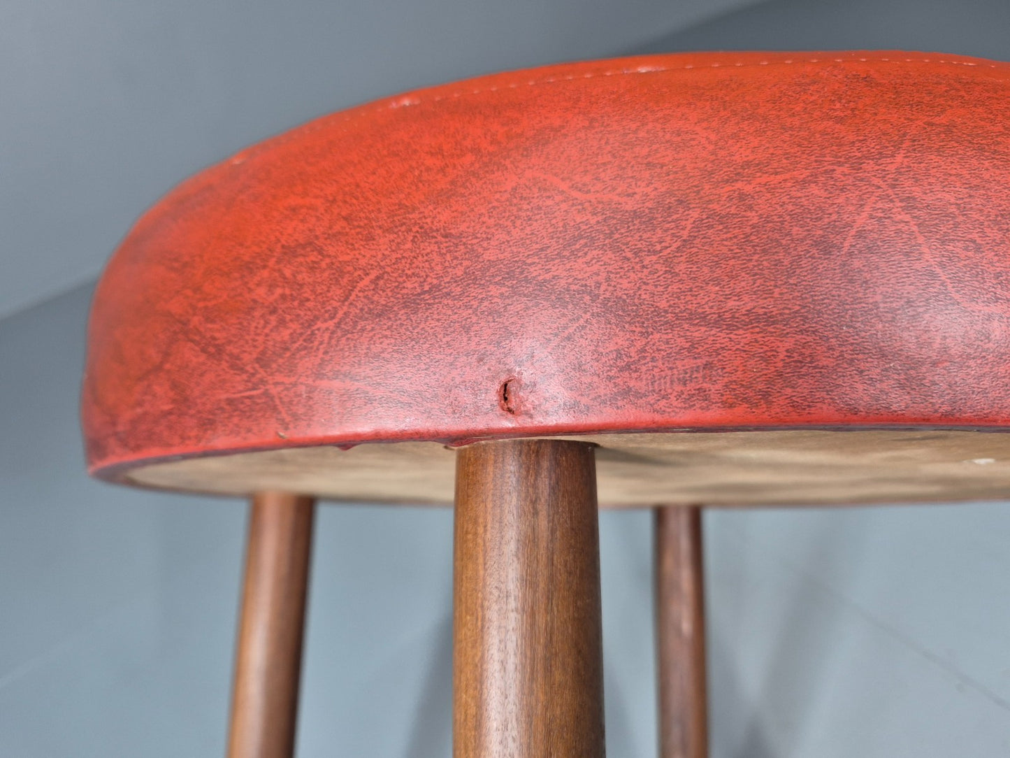 Mid Century Circular Footstool Red Vinyl Teak Legs 1960s Danish EB10882 MFOO9