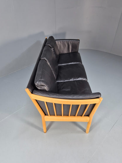 Mid Century Three Seater Sofa Beech Ends Black Leather 1980s Retro EB10399 M3SS13