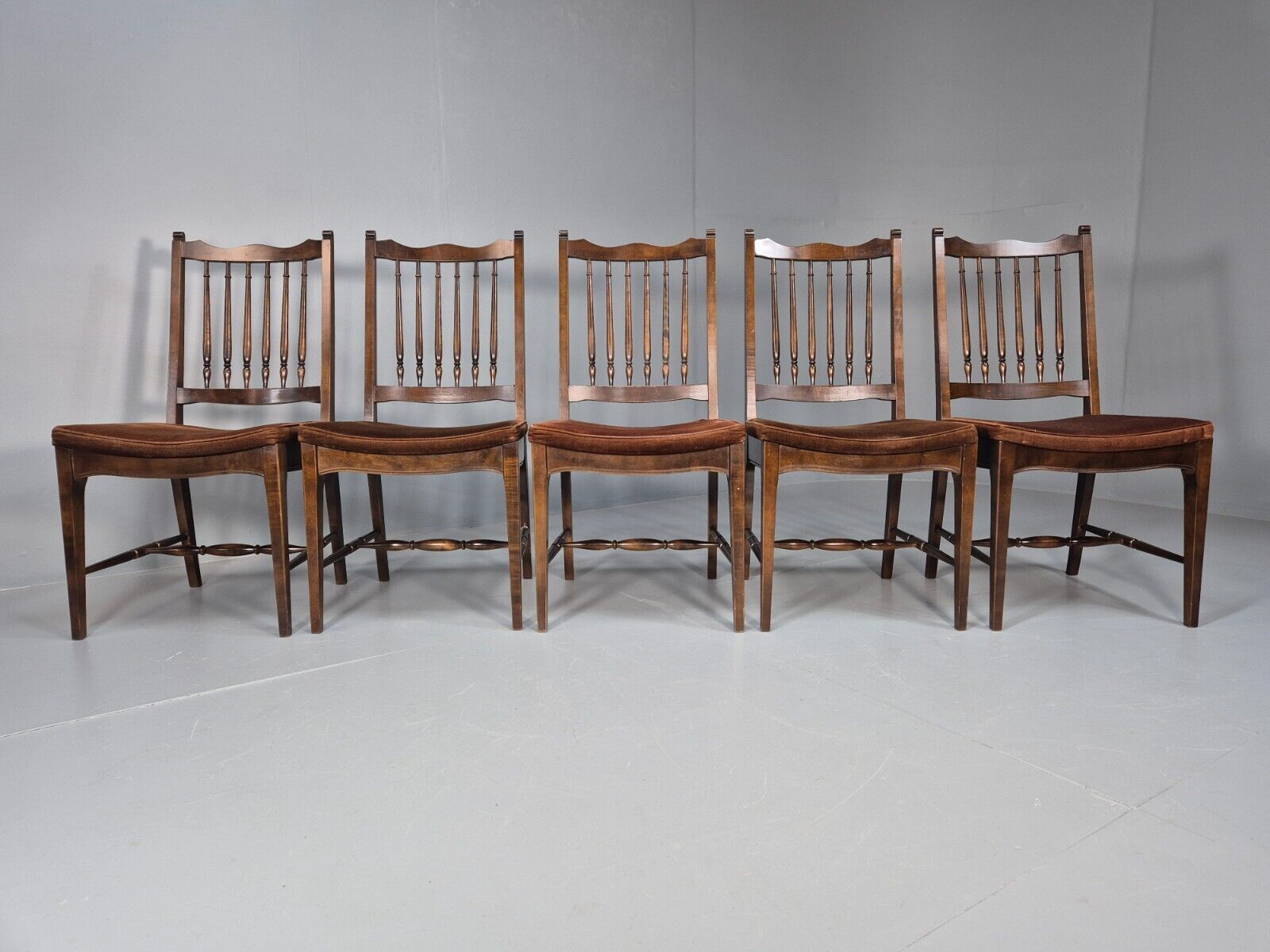 5 Vintage Dining Chairs Brown Velour Mahogany Stag 1970s Retro EB9148 VDIN - UKDK FURNITURE