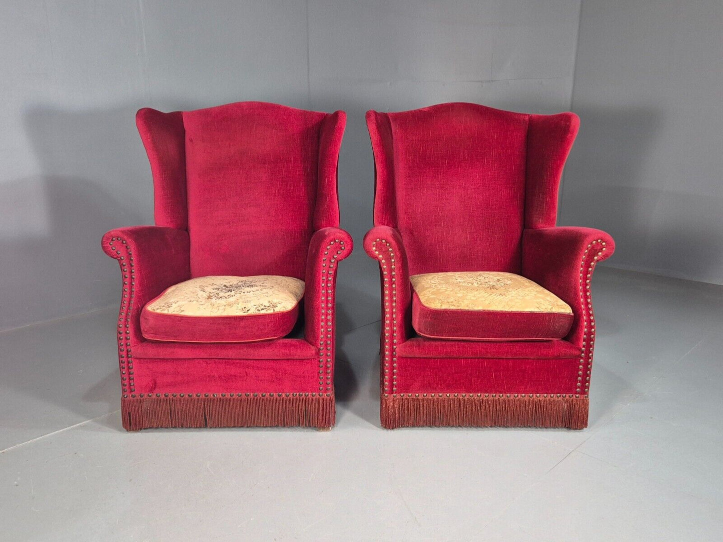 Pair Vintage Danish Wing Back Red Velour Studded Armchairs EB8059 VCLO - UKDK FURNITURE