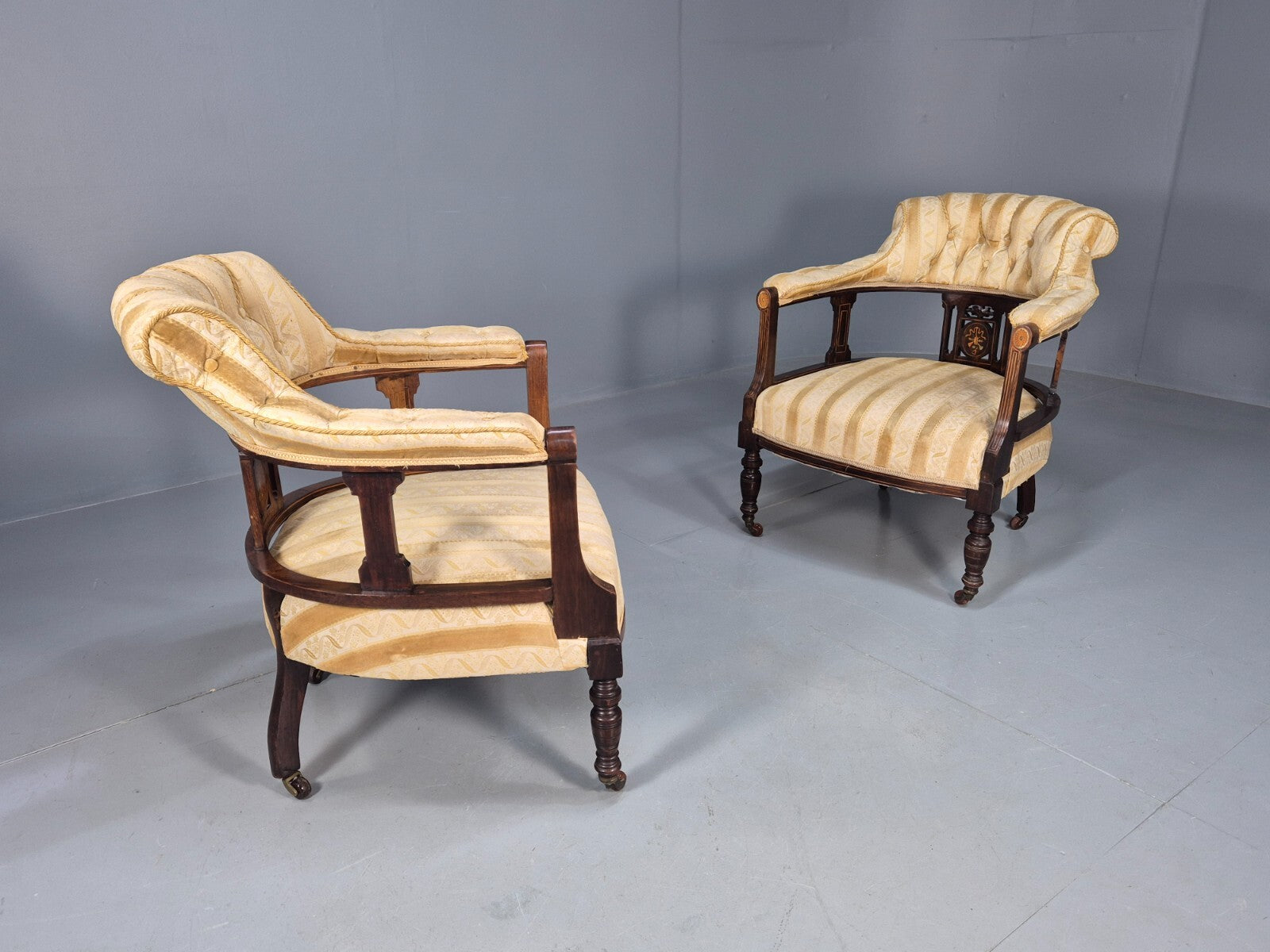 2 Vintage Lounge Chair Gold Stripe Mahogany Inlay Edwardian Revival EB8429 VCLO - UKDK FURNITURE