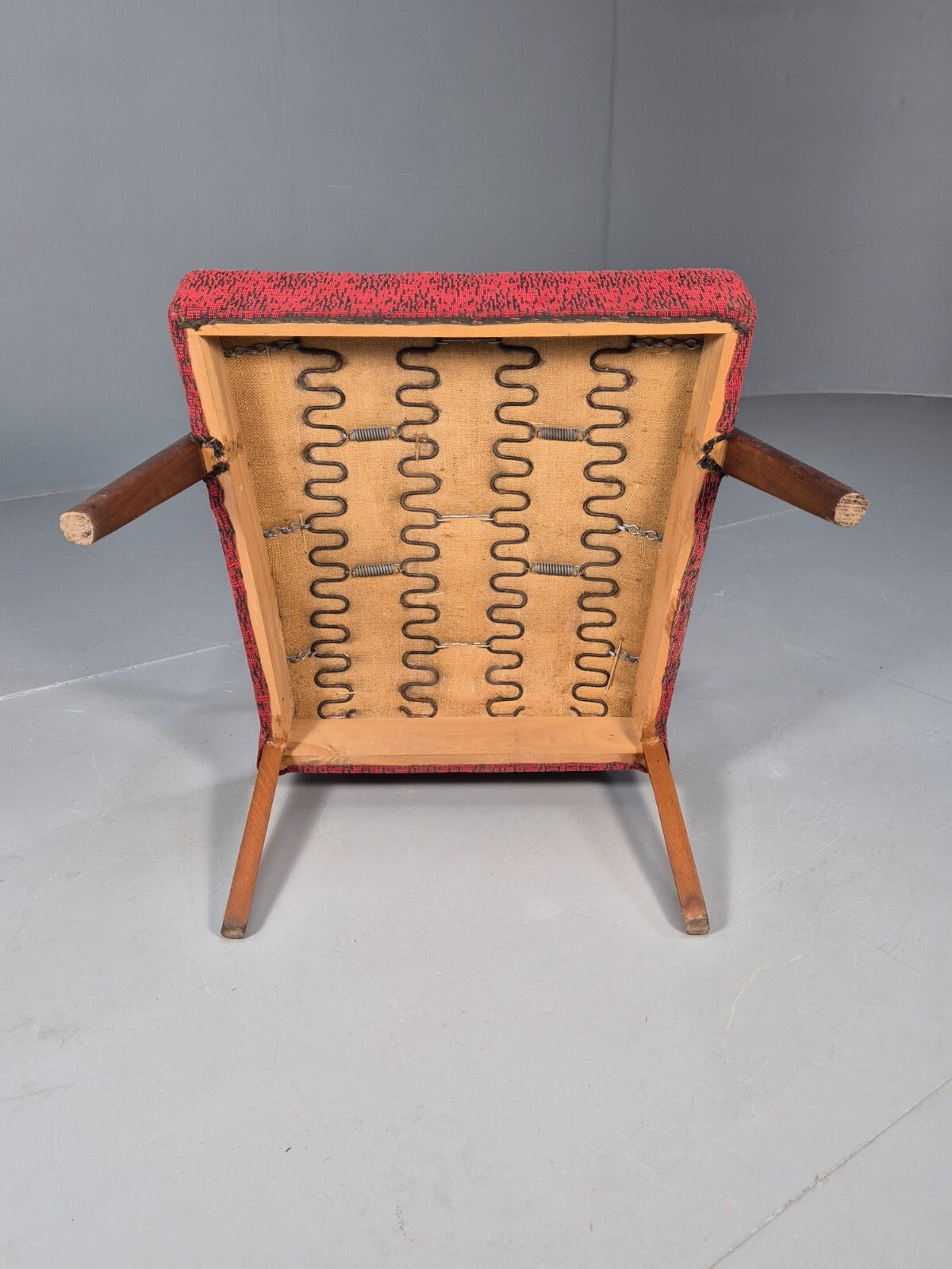 Mid Century Danish Armchair Teak Wood Red Pattern Fabric Vintage 60s EB9598 MNOR13