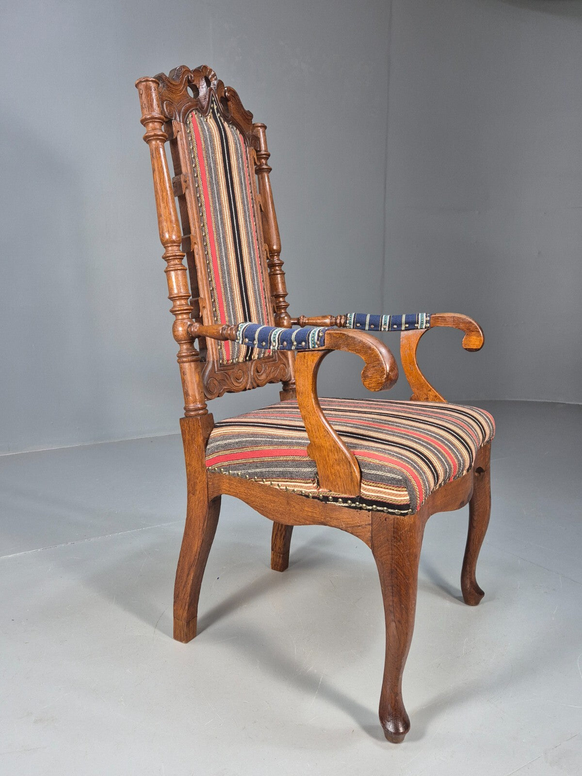 Vintage Danish Antique Armchair Early C20th Oak Frame Striped Wool EB8915 VCAR - UKDK FURNITURE
