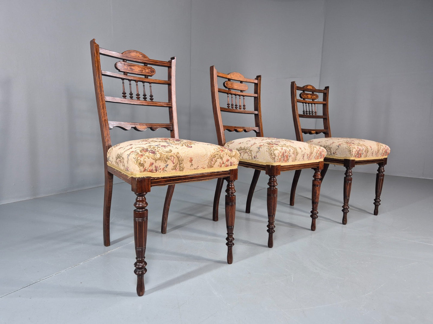 3 Antique Saloon Chairs Rosewood Frame Floral Seats Inlay Victorian EB10990 VDIN0