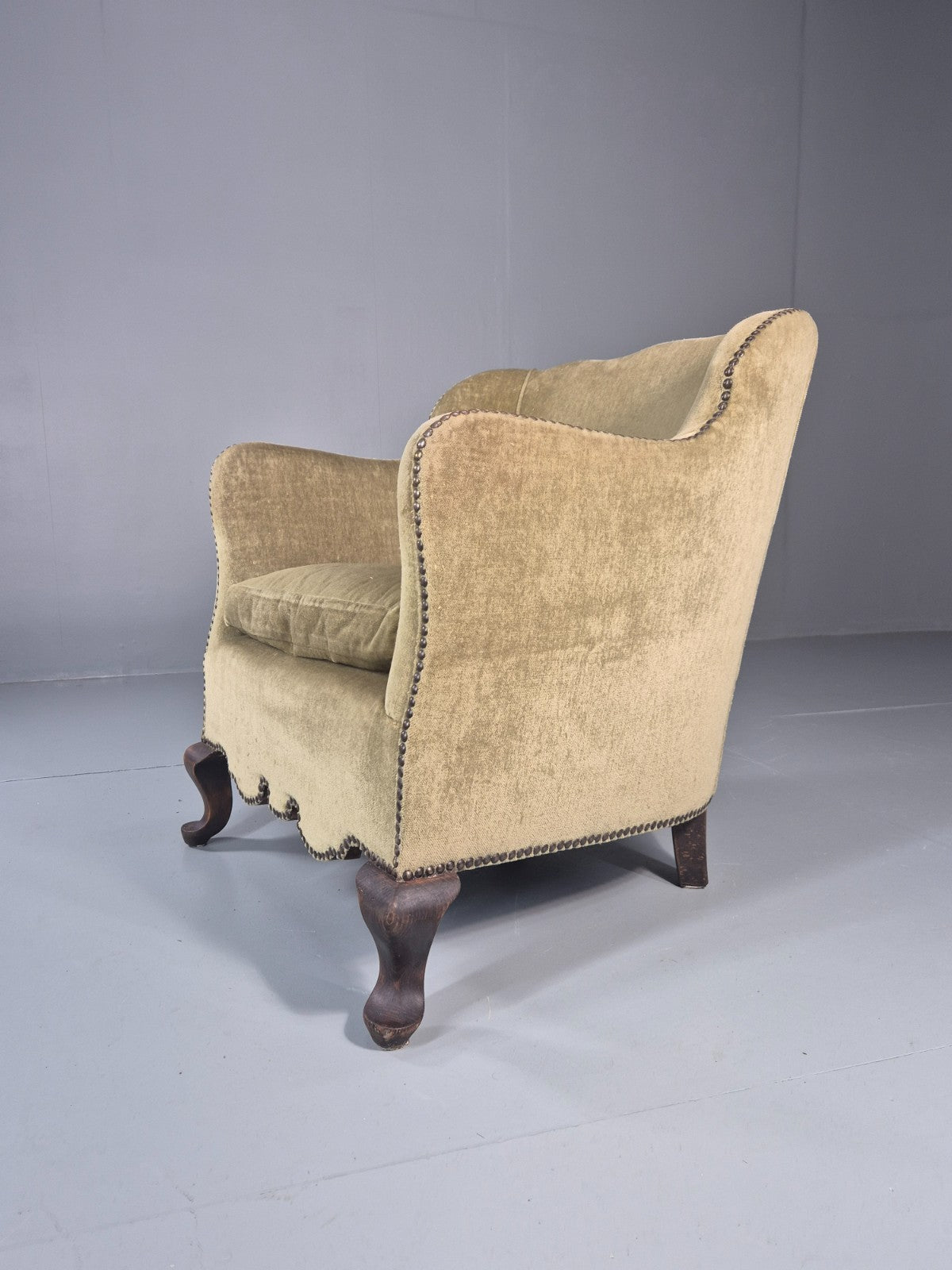 Danish Deco Lounge Chair 1930s Green Velour Stud Work Cabriole Leg EB11298 VCLO1