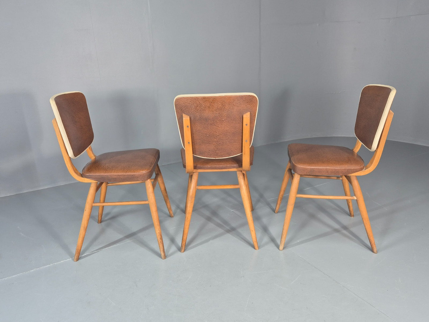 Vintage 1960s Dining Chairs - 3 In Brown Vinyl Beech Frames MCM EB10997 MDIN6