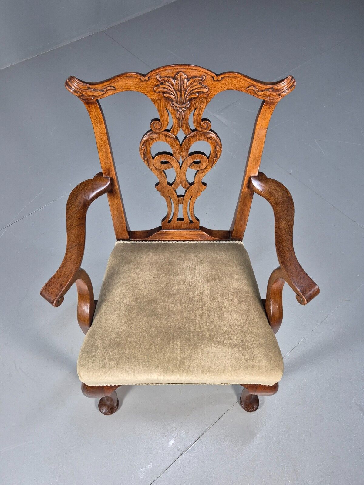Antique Georgian Style Elbow Chair Mahogany Pad Feet Green Seat EB9387 VDIN - UKDK FURNITURE