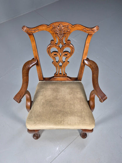 Antique Georgian Style Elbow Chair Mahogany Pad Feet Green Seat EB9387 VDIN - UKDK FURNITURE