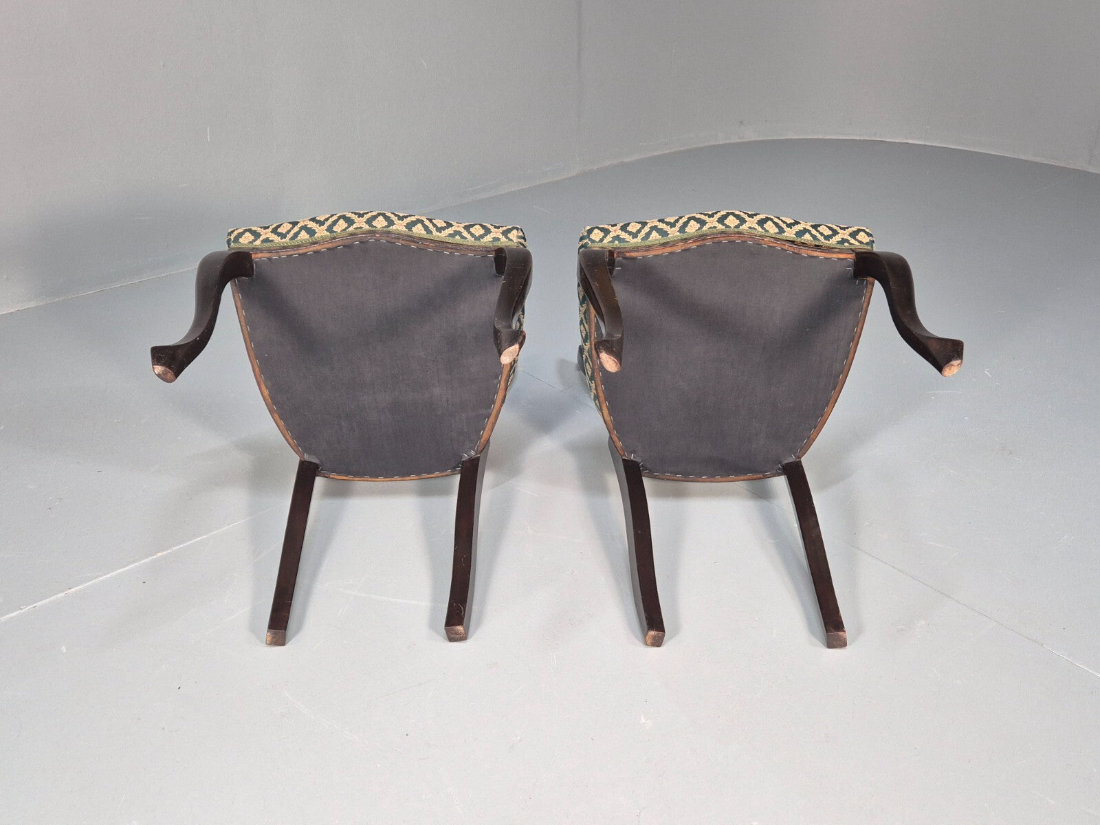 Vintage Royal Green Dining Chairs Pair Leaf Pattern Mahogany Frame EB9691 VDIN - UKDK FURNITURE