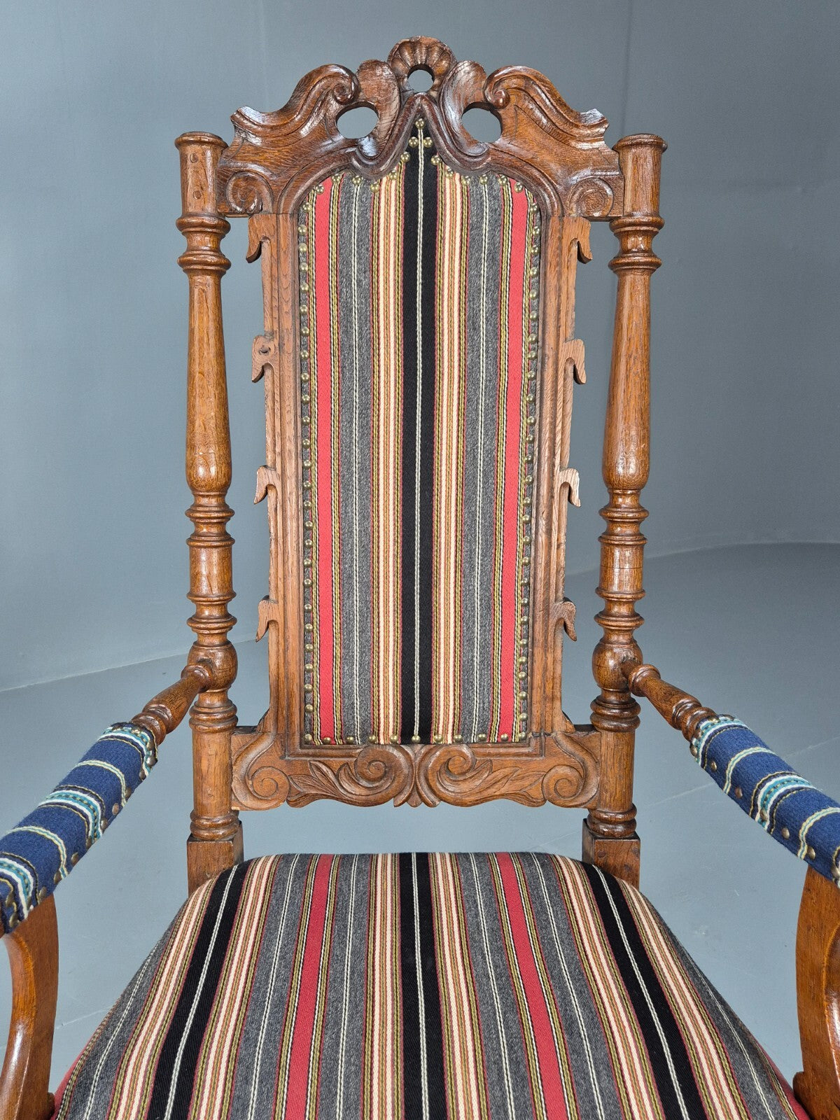 Vintage Danish Antique Armchair Early C20th Oak Frame Striped Wool EB8915 VCAR - UKDK FURNITURE