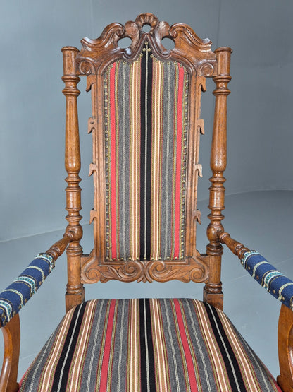 Vintage Danish Antique Armchair Early C20th Oak Frame Striped Wool EB8915 VCAR - UKDK FURNITURE