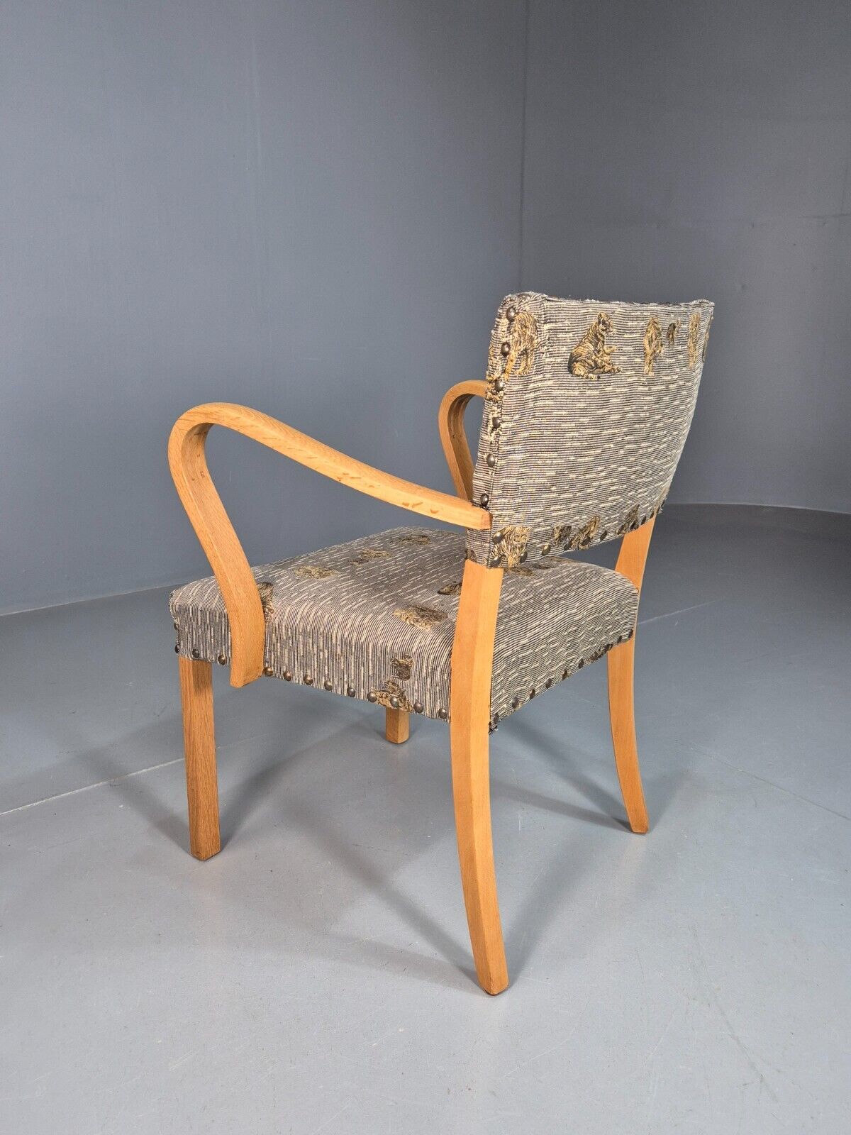 Vintage Danish Elbow Chair Tiger Motif Grey Beech Wood 1950s Retro EB8005 MDIN - UKDK FURNITURE