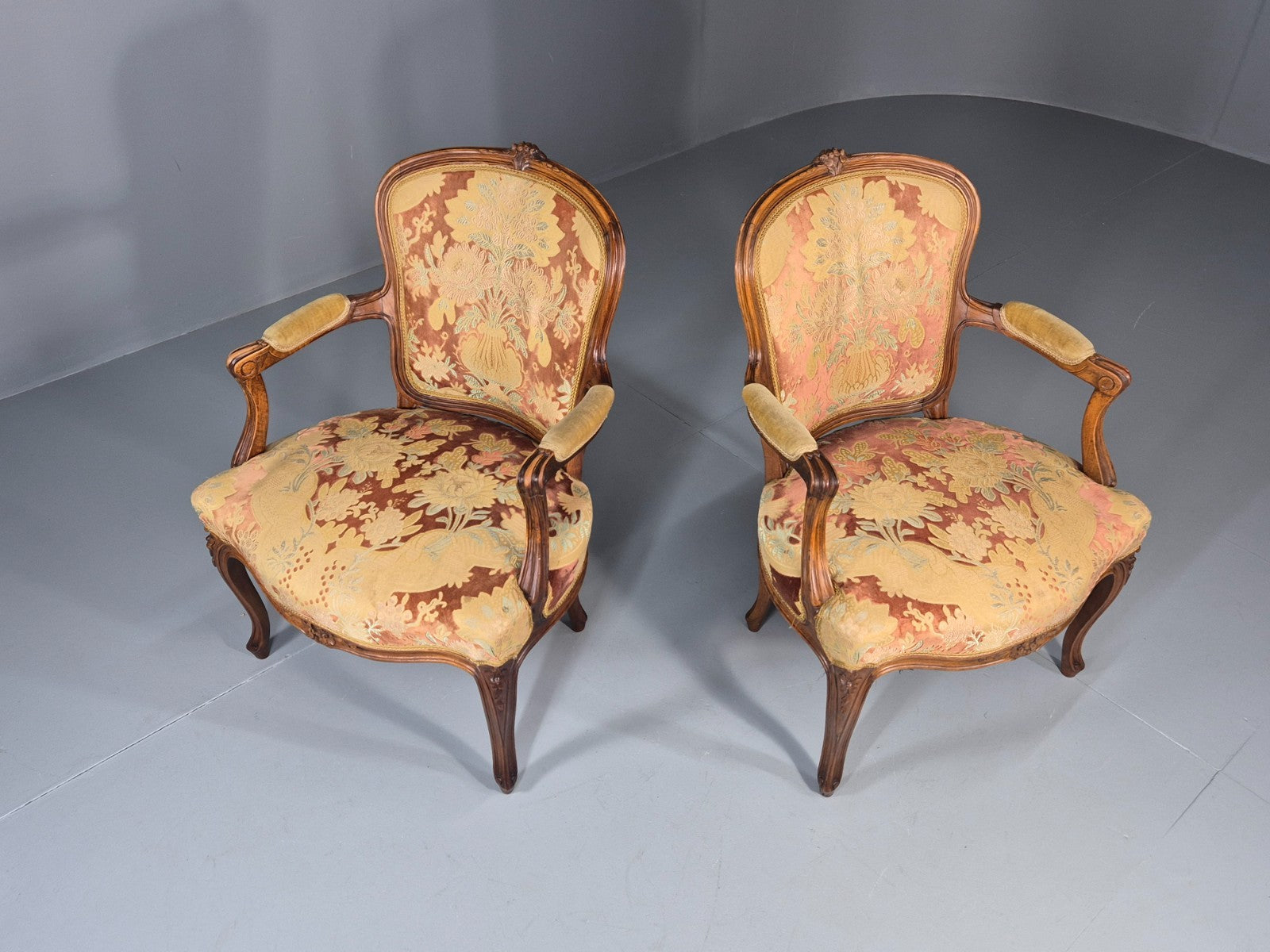2 Vintage Rococo Armchairs 1950s Danish Floral Upholstery Retro EB11342 VCLO2