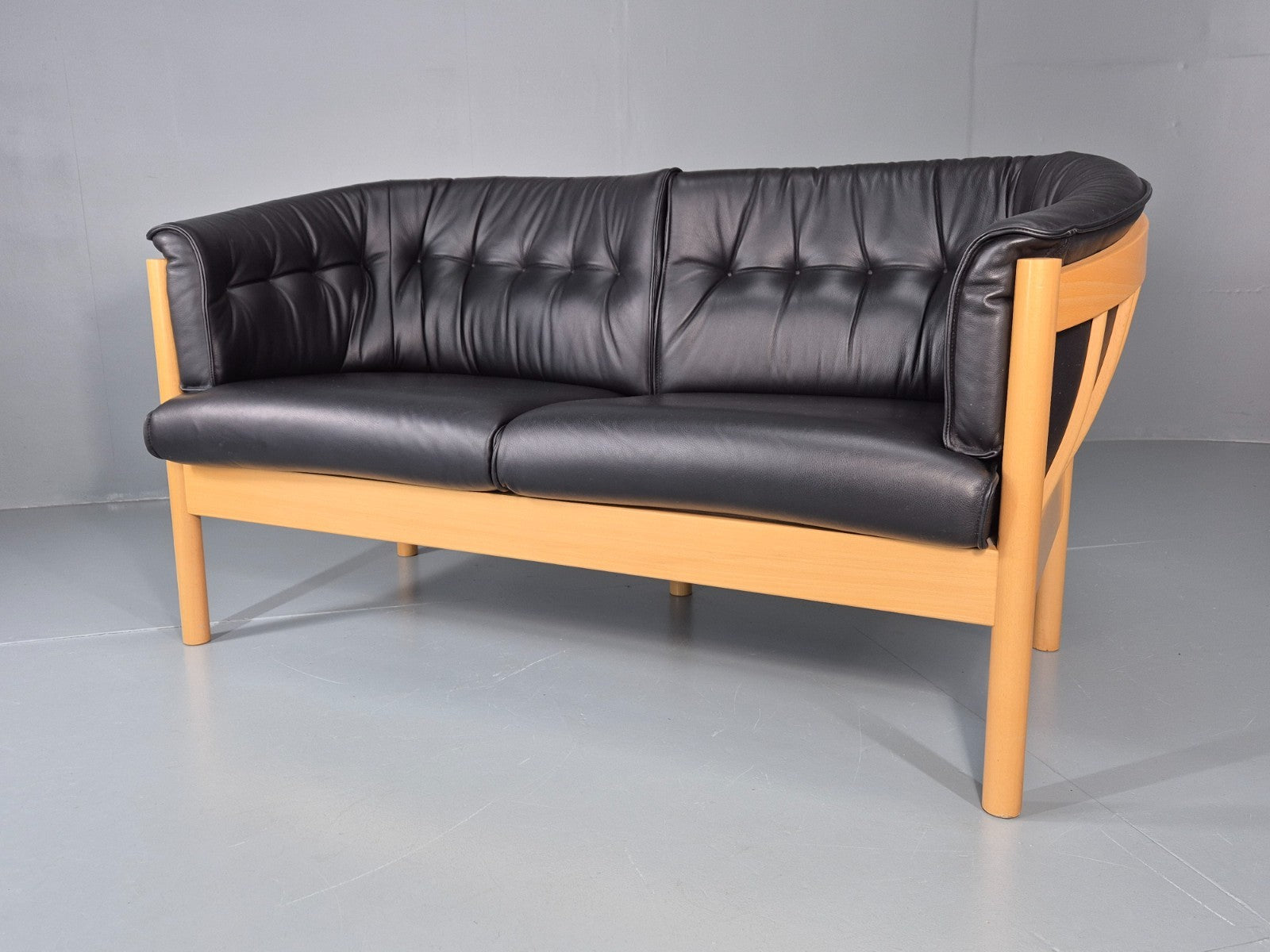 Vintage Two Seater Settee Black Leather Stickback Nielaus Retro MCM EB11407 M2SS6