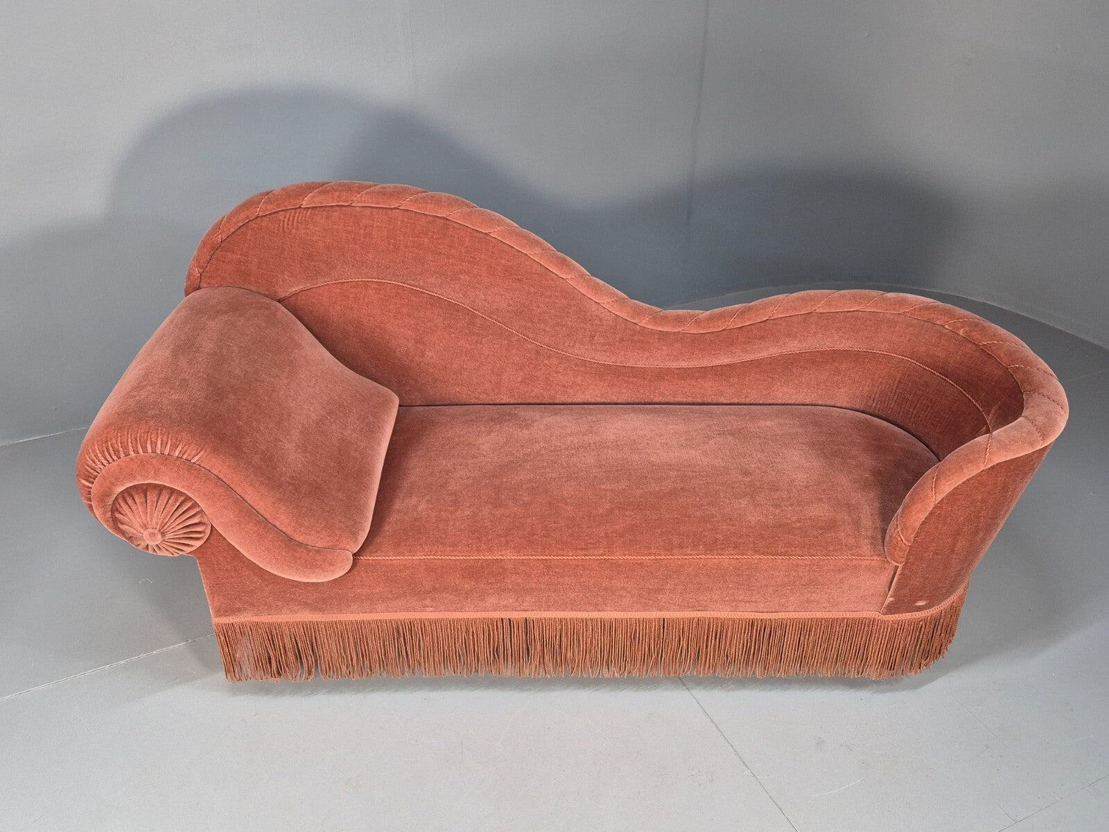 Vintage Danish Art Deco Chaise Lounge Pink Velour Tassels 1930s EB9664 VCHA - UKDK FURNITURE