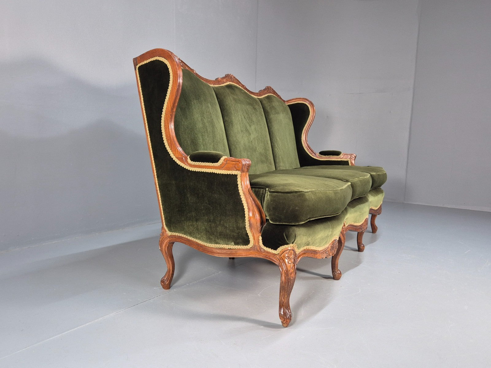 Vintage Rococo Style Three Seater Sofa Green Velour Carved Frame   EB10567 V3SS12