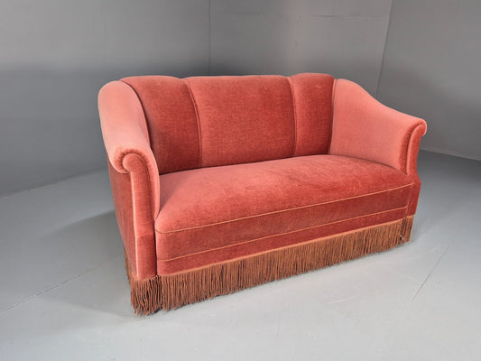 Vintage Art Deco Danish 2 Seat Sofa Pink Velour Tassels 1940s EB9666 V2SS - UKDK FURNITURE