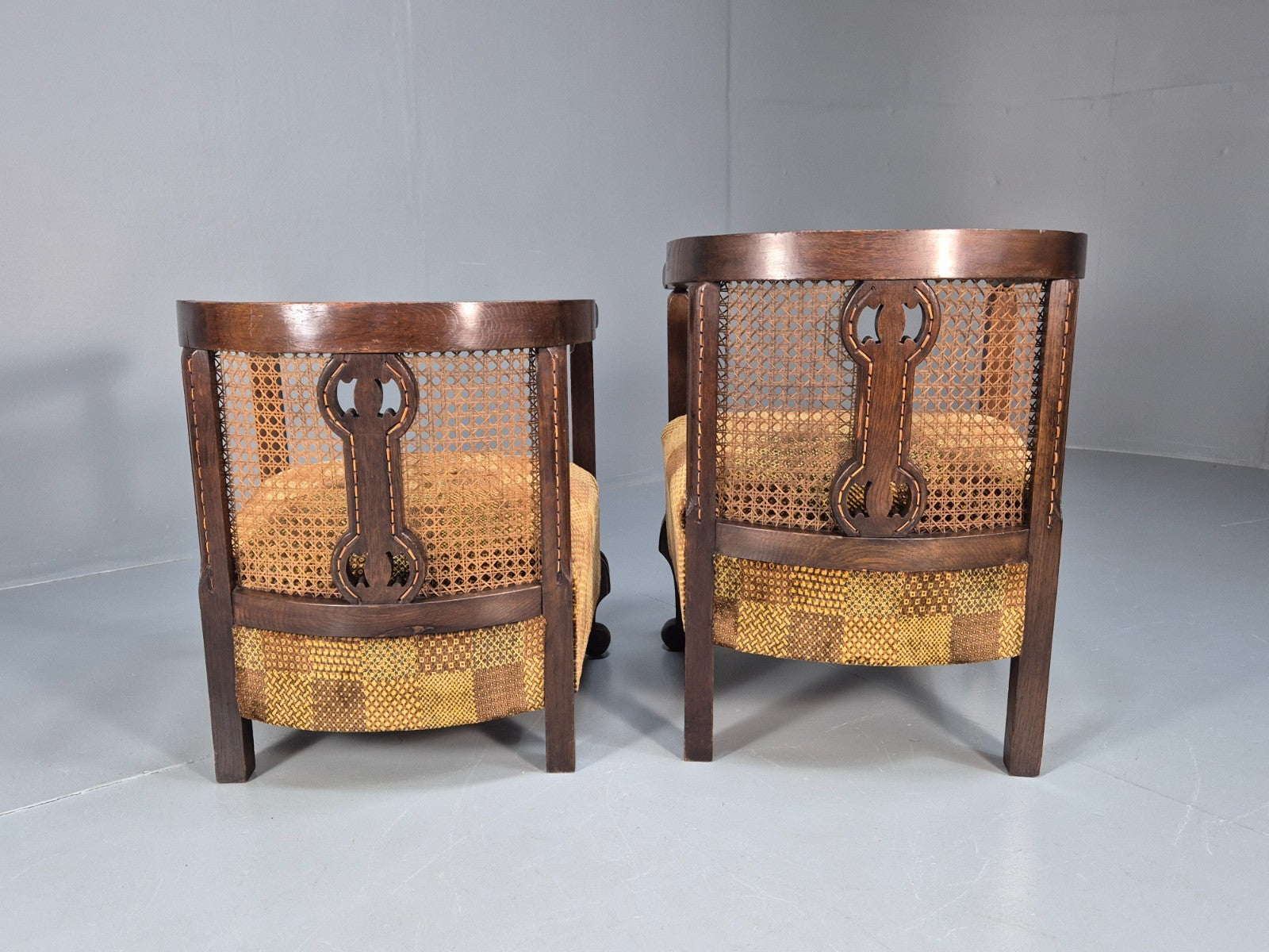 Pair Art Deco Tub Chairs Bergere Back Oak Frame Brown Velour 1930s EB10696 VCAR11
