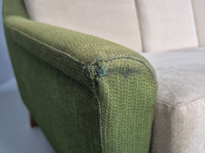 Mid Century 3 Seater Sofa Green Cream Fabric Teak Vintage Scandi EB9794 M3SS - UKDK FURNITURE