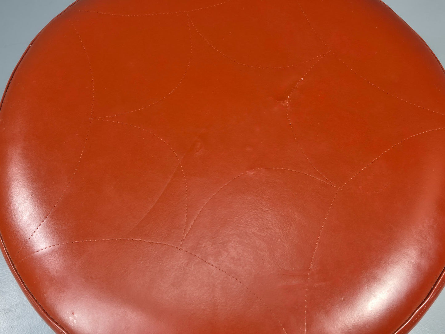 Mid Century Circular Footstool Red Vinyl Teak Legs 1960s Danish EB10882 MFOO3