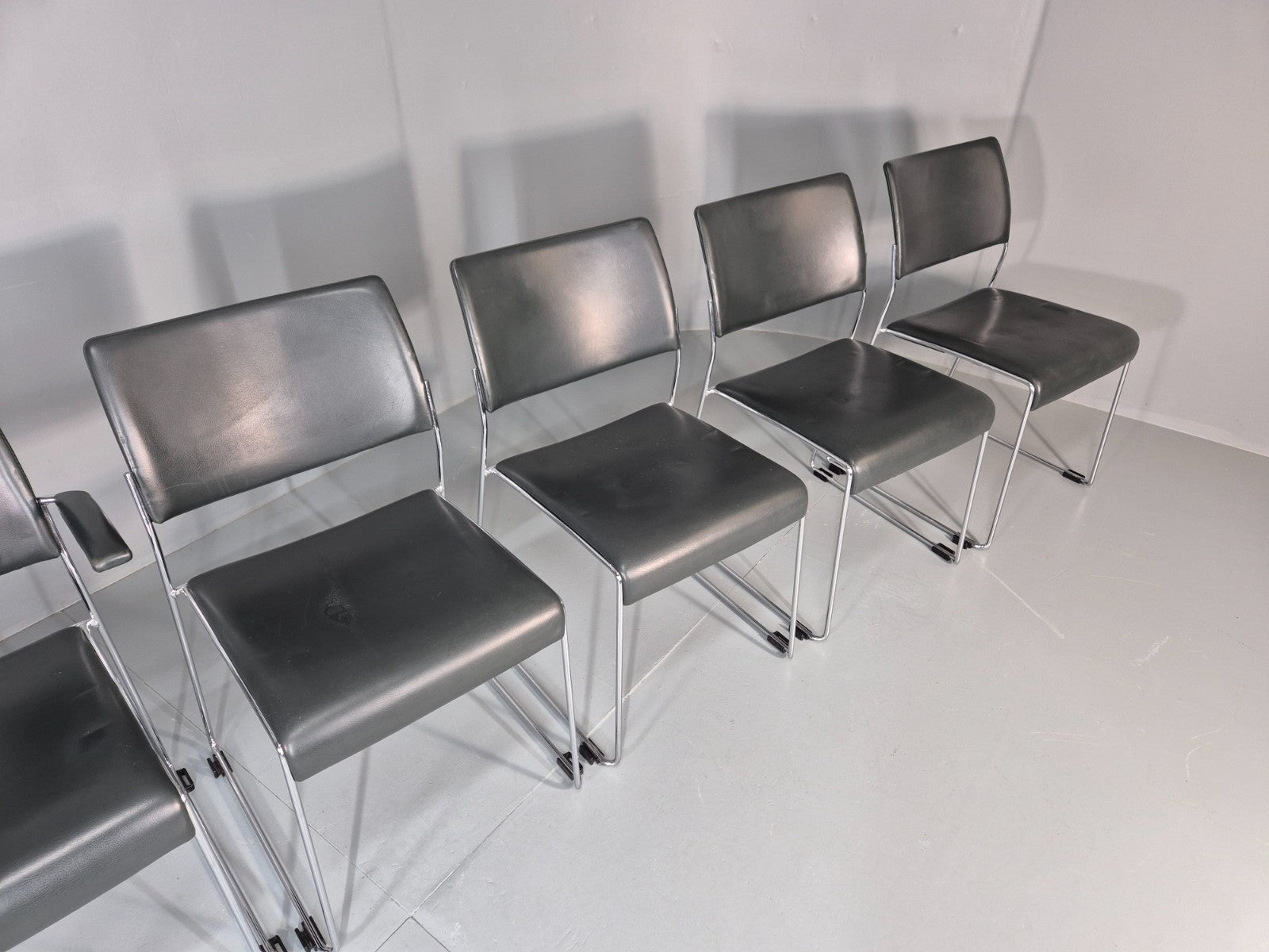 6 Leather Stacking Chairs Brunner Linos Dark Green Chrome Modern EB11736 MSTA12