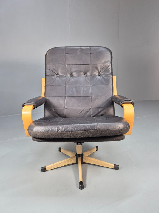 Vintage Danish Black Leather and Vinyl Swivel Chair 1980s Retro MCM EB9296 MSWI - UKDK FURNITURE