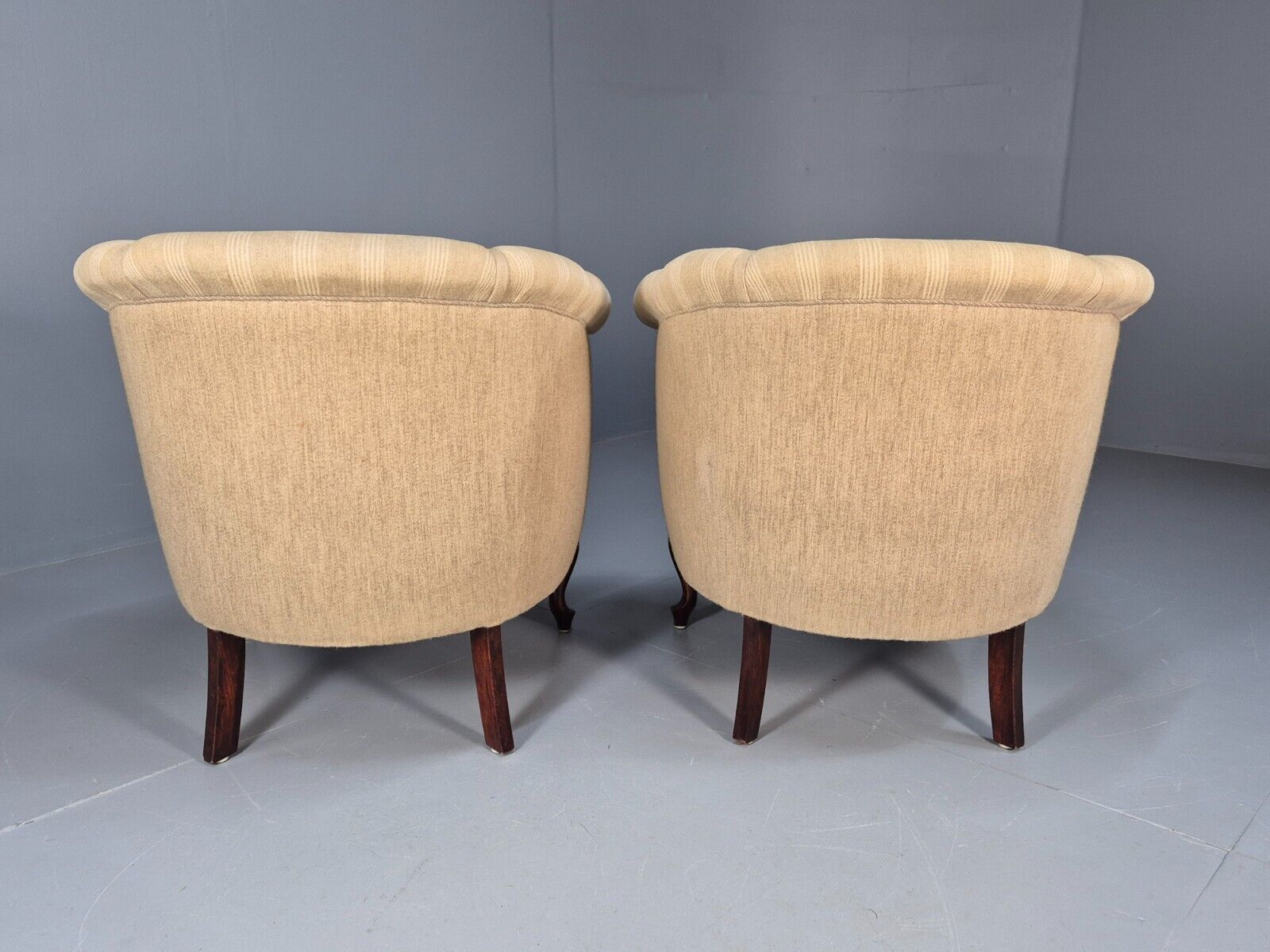 2Pair of Vintage Antique Danish Tub Chairs Beige Cream Stripes 1930s EB9049 VCLO - UKDK FURNITURE